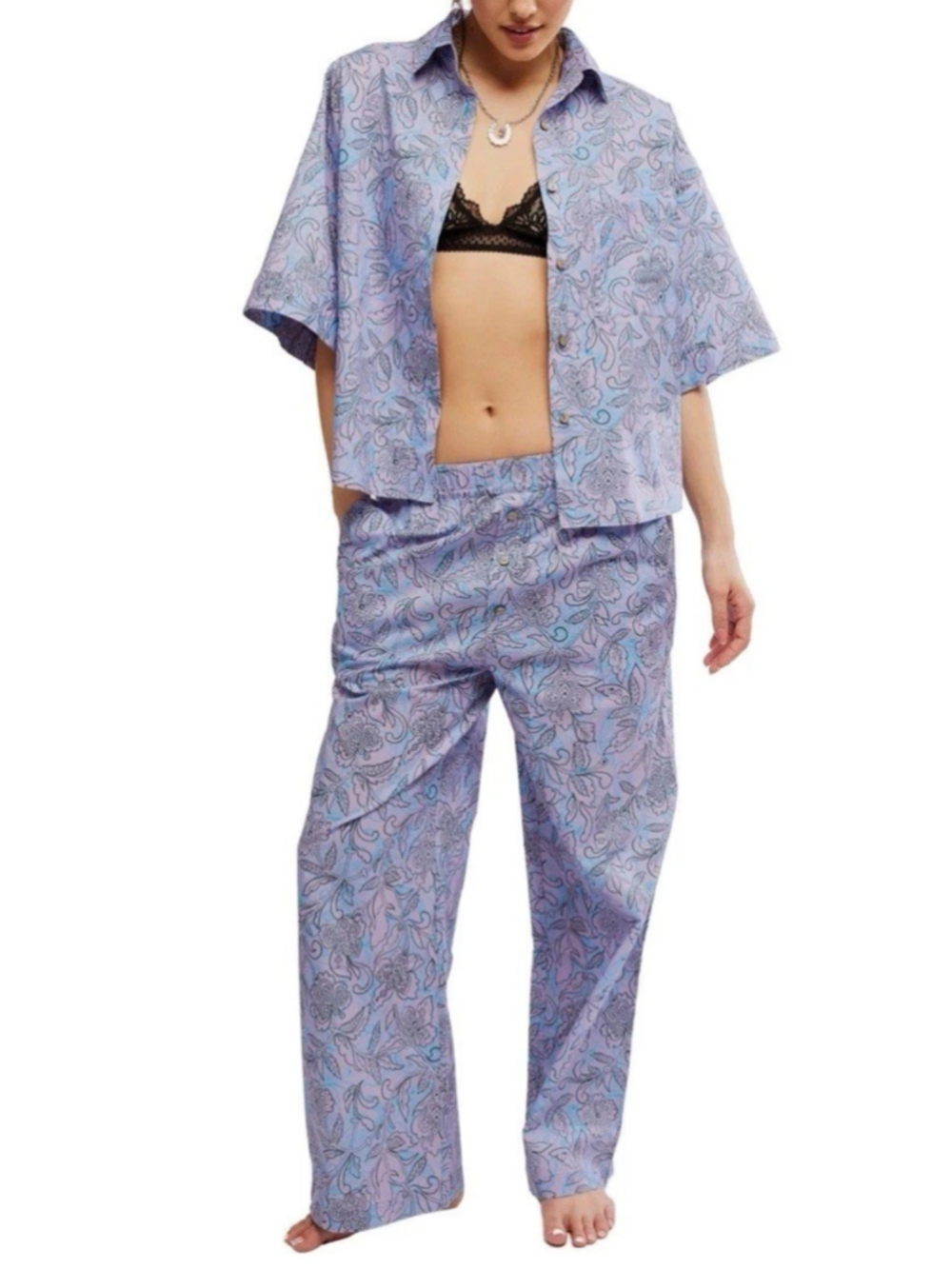 Intimately Free People Summer Sleeper Floral Set Pajama Purple Cotton 2 pc XS